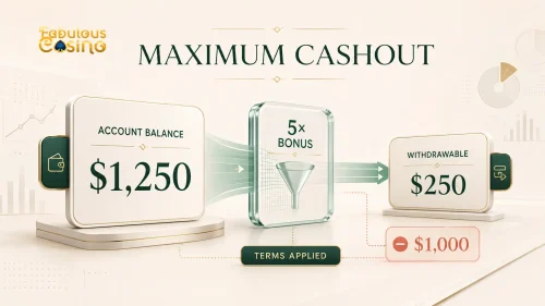 Maximum cashout example showing a $1,250 casino balance reduced to a $250 withdrawable amount