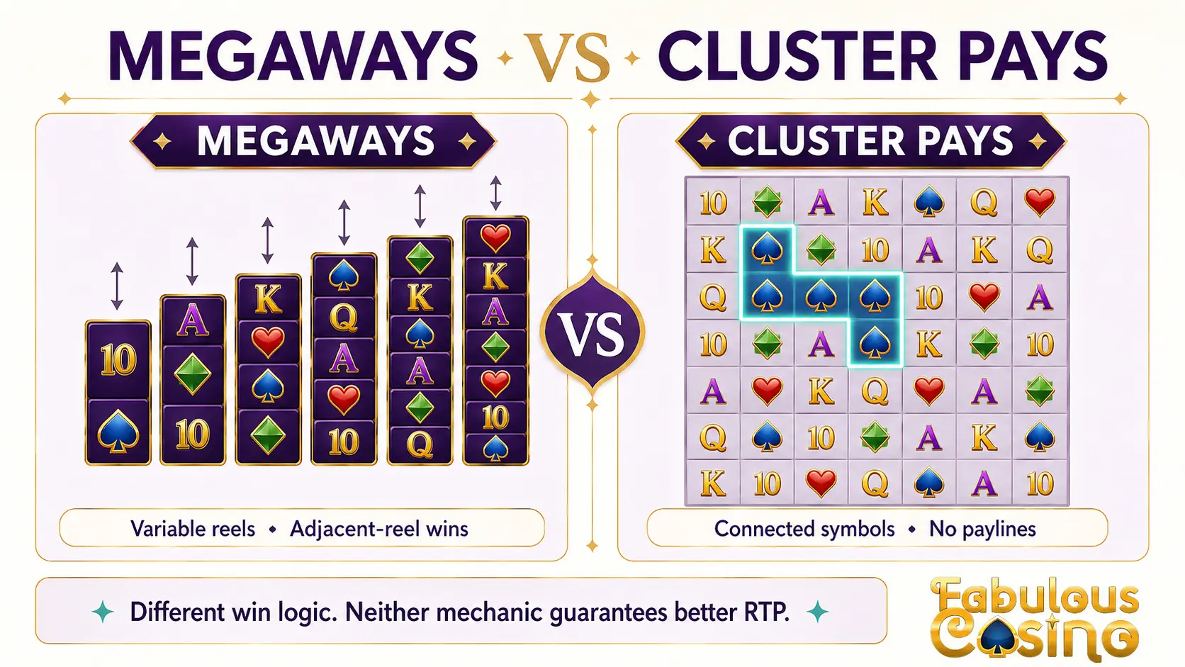 Megaways vs Cluster Pays showing variable reels and connected symbol clusters