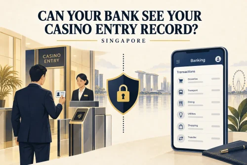 Singapore casino entry checkpoint separated from a mobile banking transaction record by a privacy shield