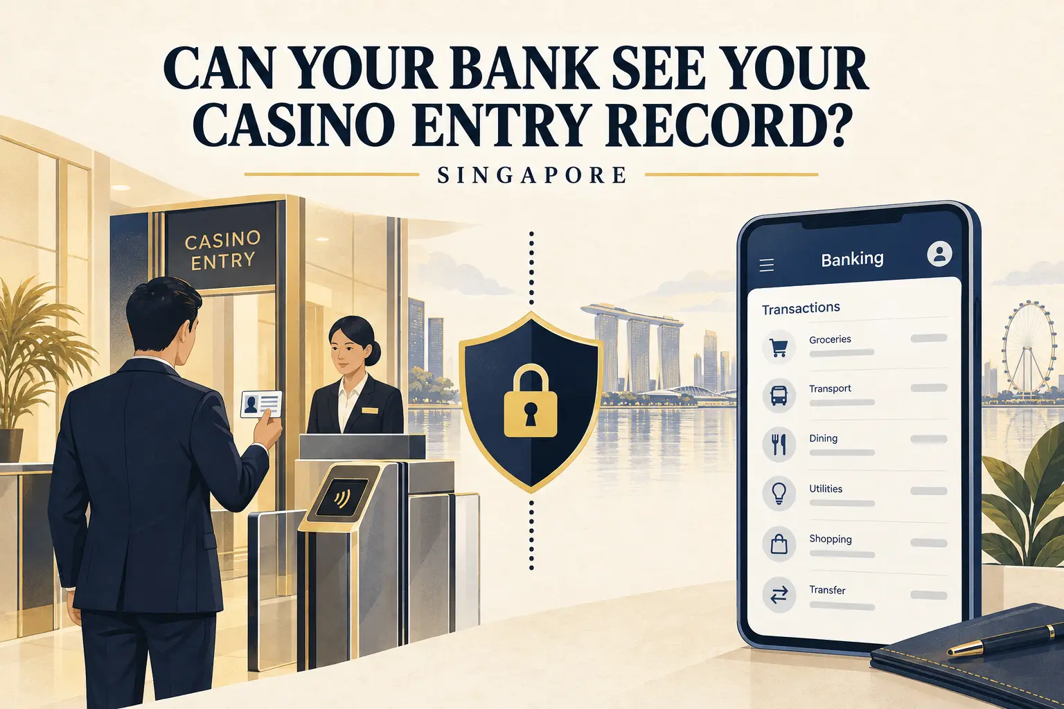 Singapore casino entry checkpoint separated from a mobile banking transaction record by a privacy shield