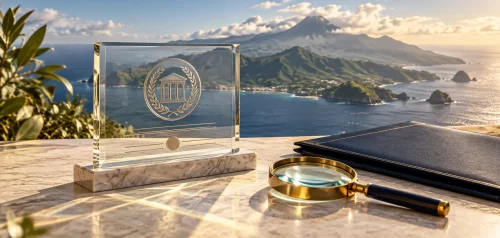 Conceptual illustration of a licence plaque, documents and magnifying glass overlooking a volcanic island.