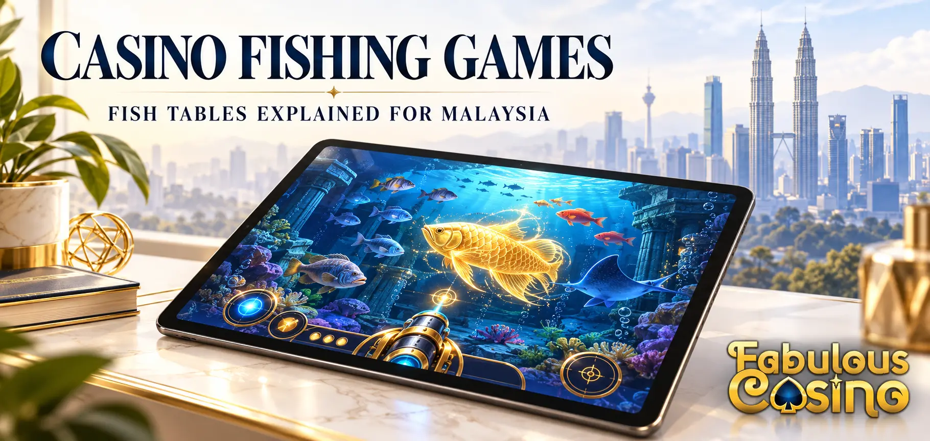 Conceptual fish shooting game on a tablet with an underwater arena, fish targets and a cannon, against a subtle Kuala Lumpur skyline.