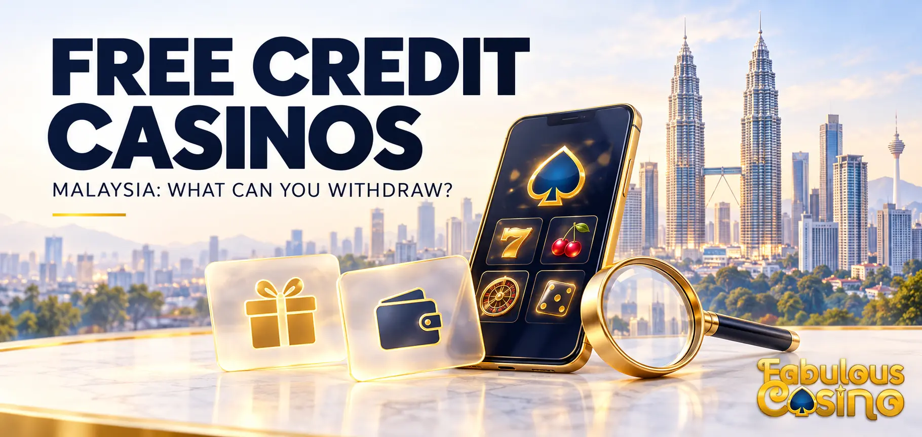 Editorial illustration of casino bonus and wallet cards beside a phone and inspection lens against a Kuala Lumpur skyline, branded by FabulousCasino.