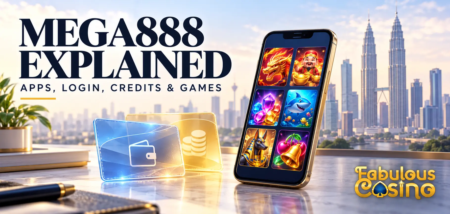 Editorial illustration of a phone with abstract casino tiles and account cards against a Kuala Lumpur skyline, introducing Mega888 apps, login and credits.