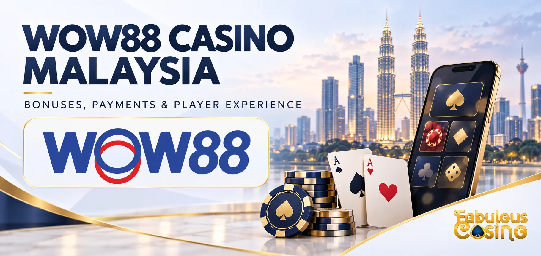 Editorial illustration of WOW88 Casino Malaysia with its blue and red logo, casino-themed objects and a Kuala Lumpur skyline, branded by FabulousCasino.